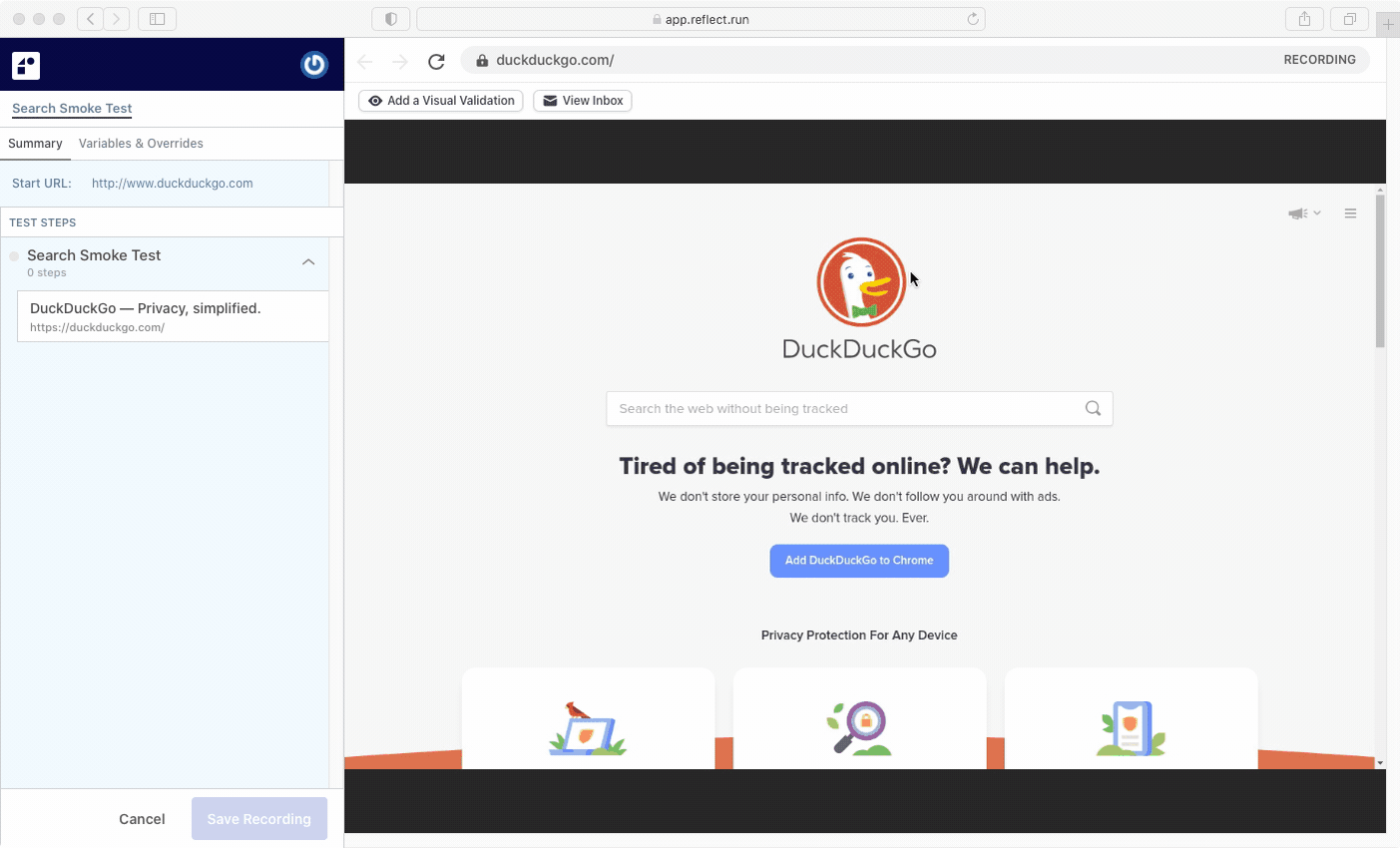 Reflect 雲端測試儀表板與 Gen AI 腳本錄製畫面